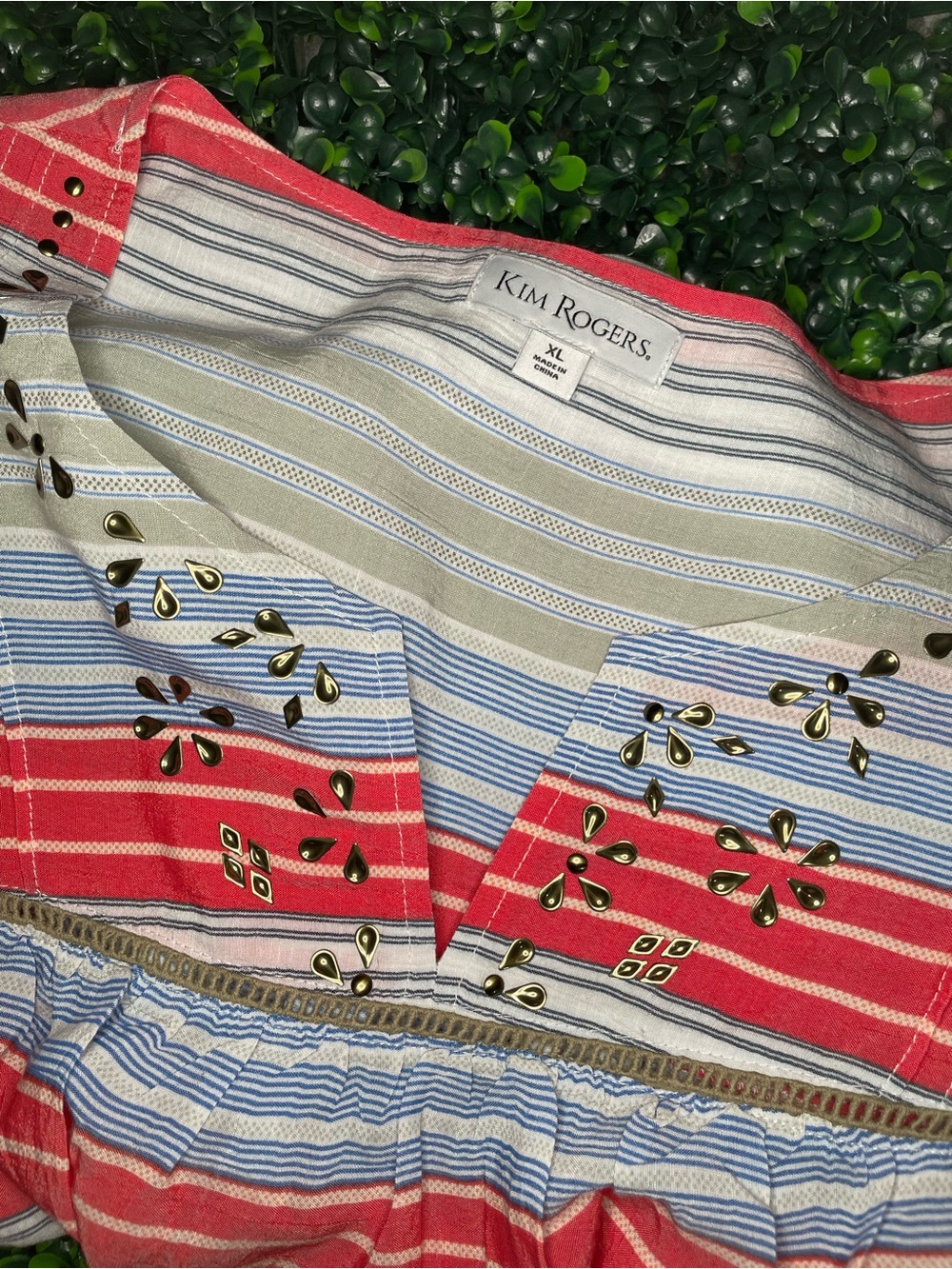 Kim Rogers Coral, Blue & Cream Striped Embroidered Tunic - Picture 3 of 8